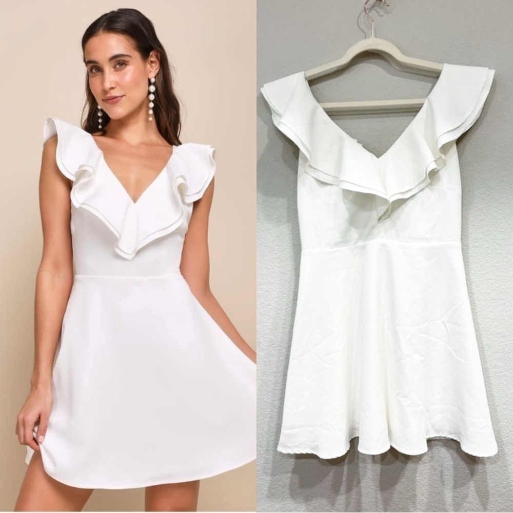 Sz M NWOT Lulus Divine Darling‎ White Ruffled Skater Dress
